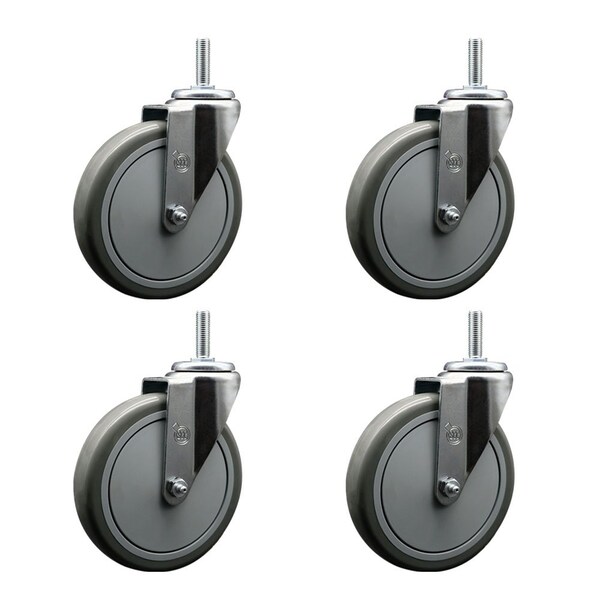 6 Inch Gray Polyurethane Wheel Swivel 58 Inch Threaded Stem Caster Set Service Caster